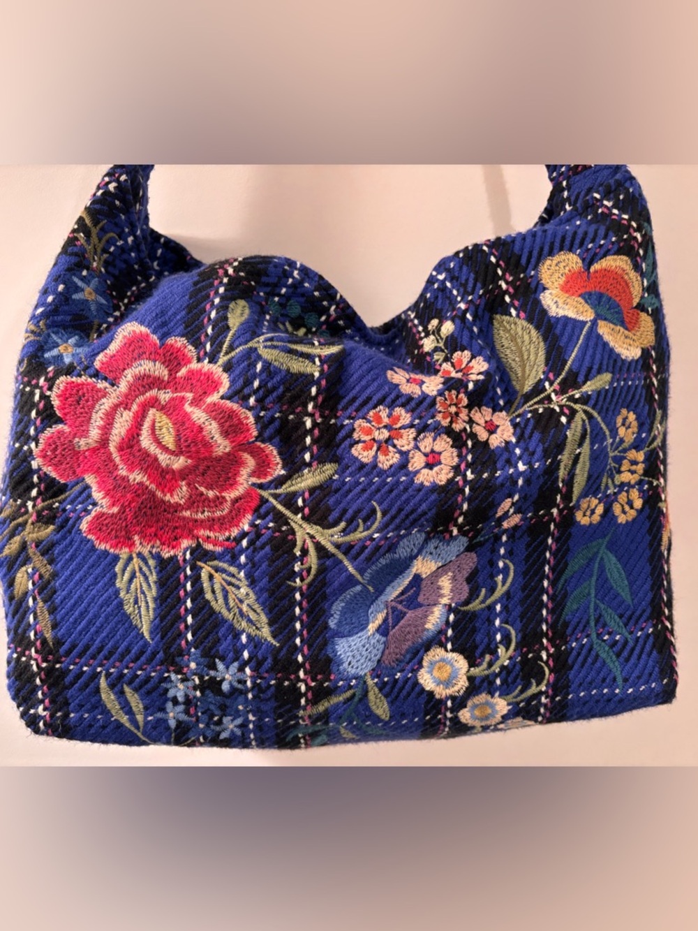 Johnny Was Mila Blue Plaid Embroidered Tote Bag - Picture 9 of 15